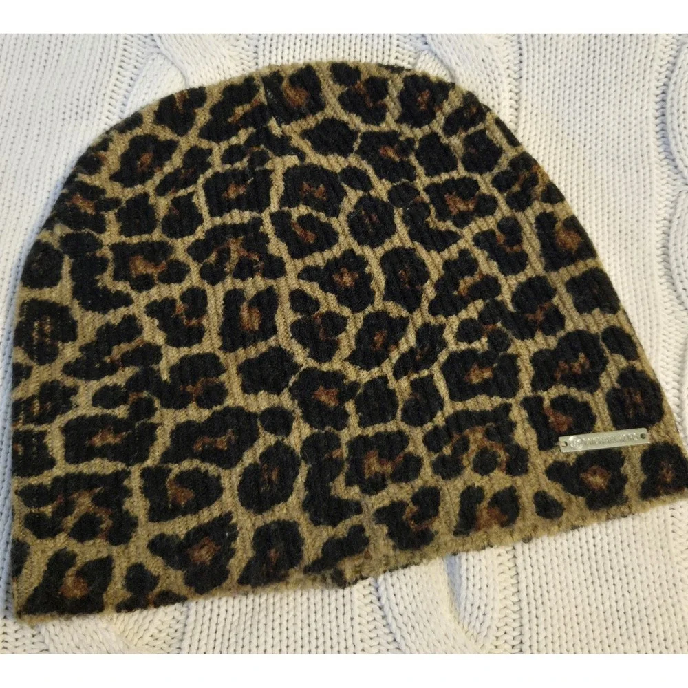 Michael Kors Leopard Print Knit Beanie Hat Brown Black Acrylic Women's OSFA